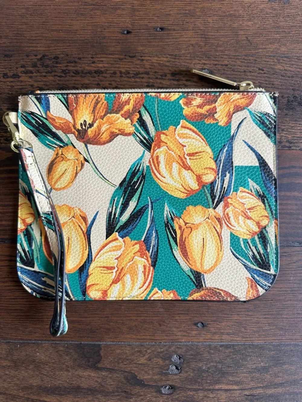Steve Madden Floral Wristlet Pouch Clutch Tulip Print Vegan Leather Zip Top